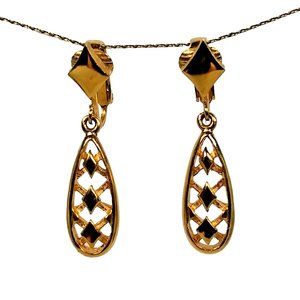 Crown Trifari Dangle Earrings Vintage Gold Tone WIth Crisscross & Diamond Design